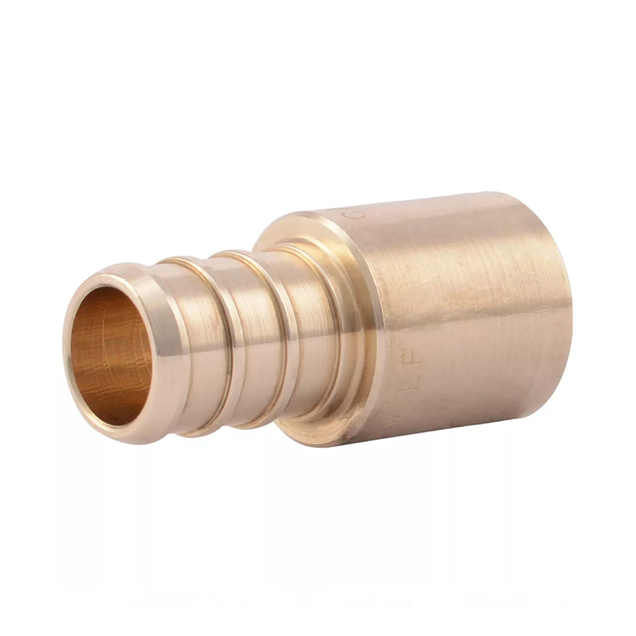 Go Build 1/2 in. Brass PEX Barb x Male Sweat Adapter, featuring a smooth cylindrical end and ribbed section for secure hose attachment, is shown on a white background. Brand: Go Build, The Fastest Way To Build.